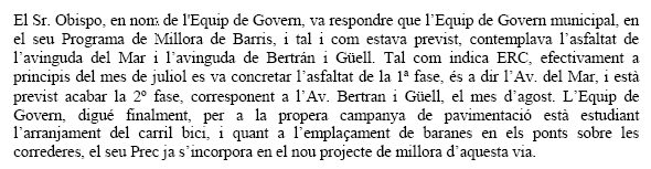 Resposta de l'Equip de Govern Municipal (PSC i ICV) a la pregunta d'ERC de Gav&agrave; sobre la instal&middot;laci&oacute; de baranes a les corredores de l'avinguda del mar (27 de juliol de 2006)